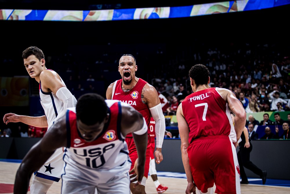 Dillon Brooks rugissant vers ses adversaires dans le match pour la troisième place de la Coupe du Monde 2023 entre le Canada et les USA